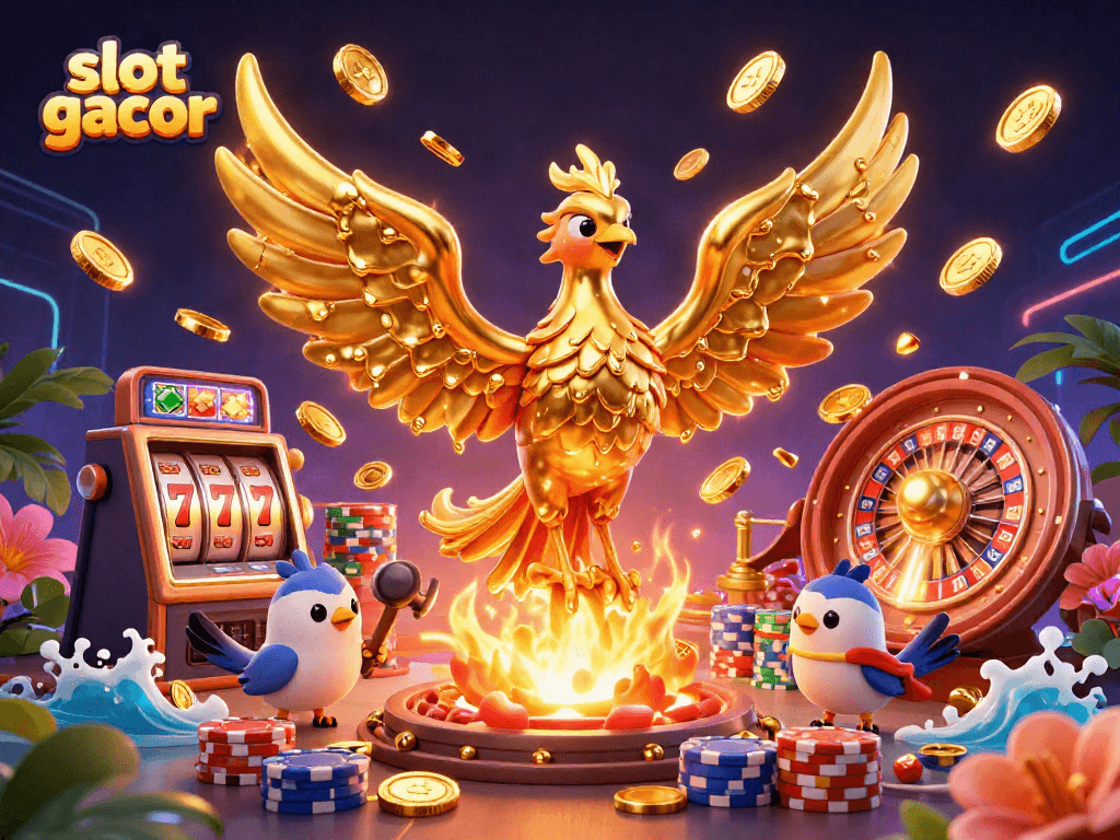 Slot gacor menampilkan phoenix emas dan koin berjatuhan di kasino dengan efek 3D yang spektakuler.