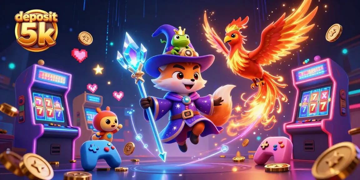 Deposit 5k slot game illustration featuring a wizard fox, phoenix, and vibrant casino elements.