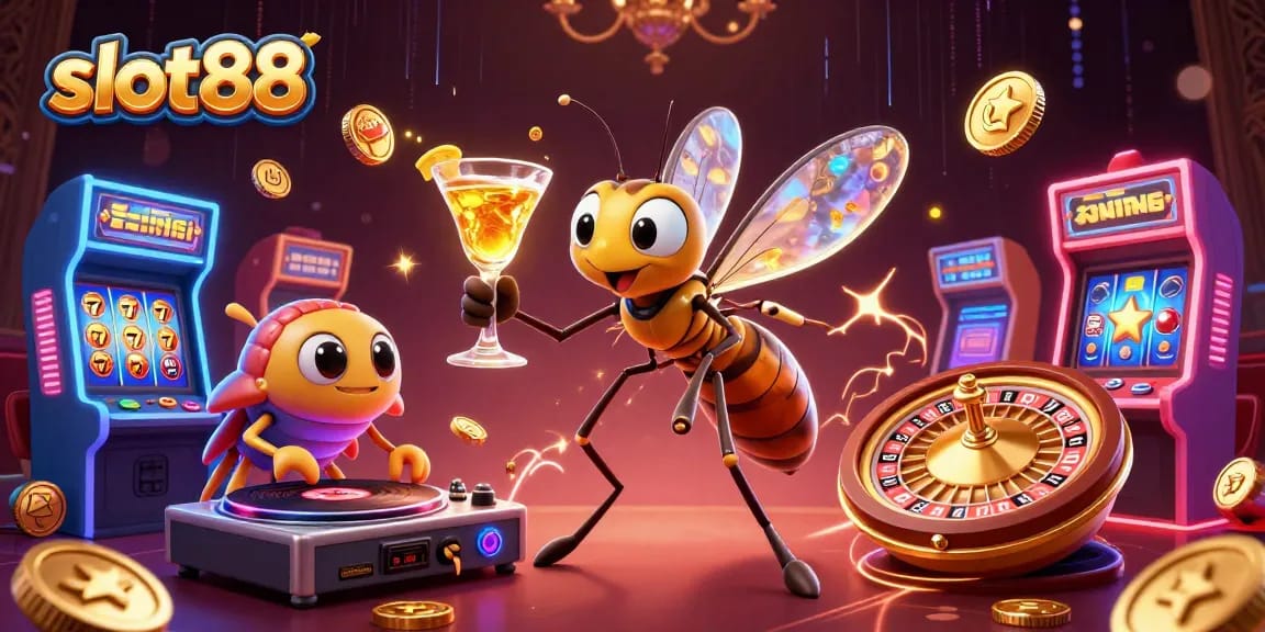Engage in the exciting world of slot88 with this vibrant 3D casino mascot illustration featuring classic symbols.