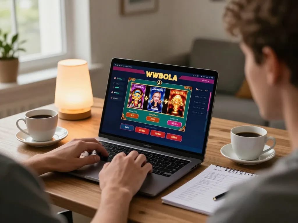 WWBOLA player strategizing online poker and slot betting in a cozy home setting