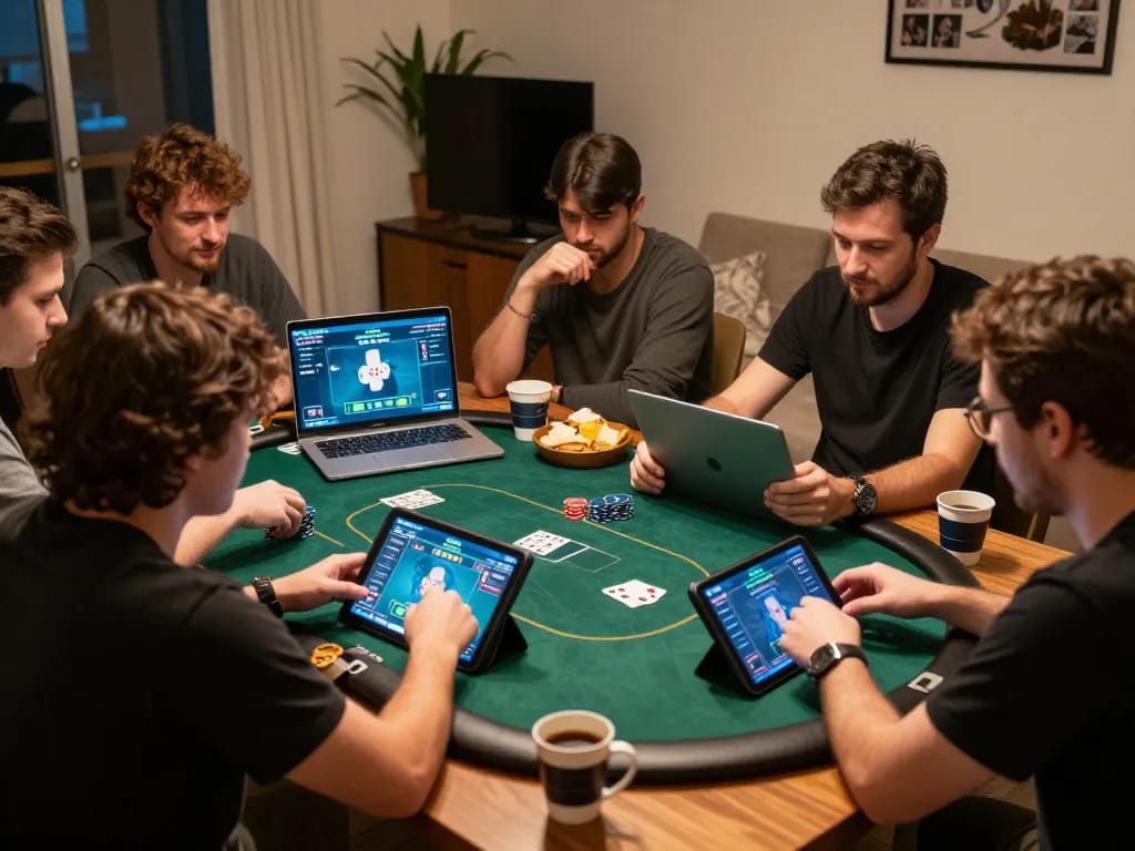 LGO GOAL players strategizing during an online poker game at home in a relaxed atmosphere