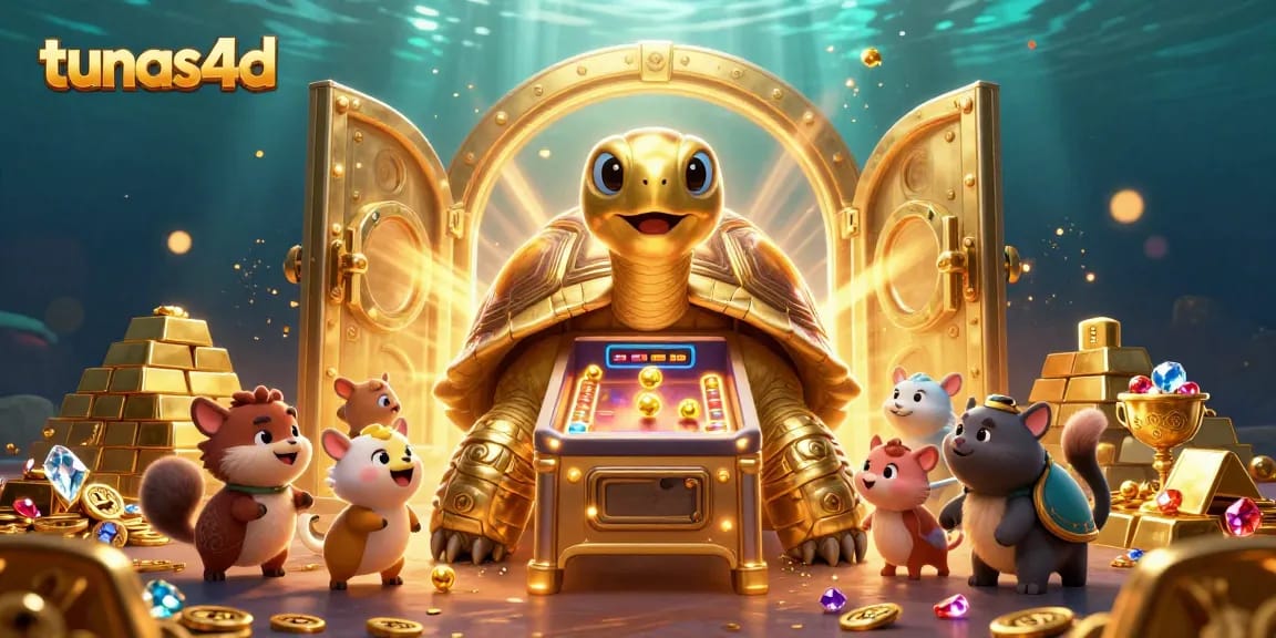Experience the excitement of tunas4d with a lively scene featuring a giant tortoise and treasure.