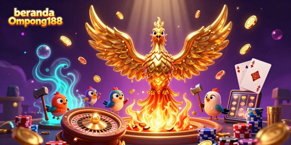 Gambarkan beranda Ompong188 dengan phoenix emas dan koin mengalir sebagai latar belakang kasino.