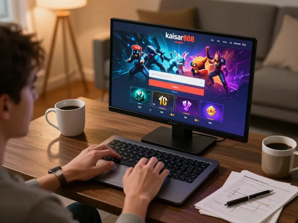 Person engaging with the kaisar888 login interface on a laptop, creating an inviting online casino atmosphere.