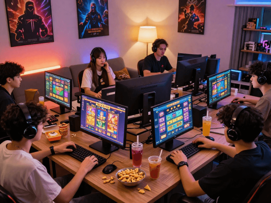 Players enjoying slot gacor games in a lively home environment with vibrant screens and snacks.