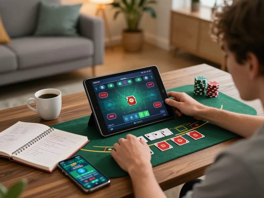 Engaging in blackjack strategy on 98win platform from a cozy home setting.