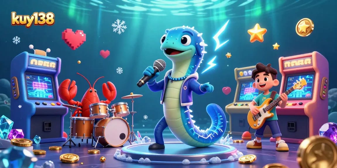 Gambar kuy138 menampilkan listrik ikan belut DJ di kasino bawah laut bersamaan dengan drummer lobster dan pemain gitar kuda laut