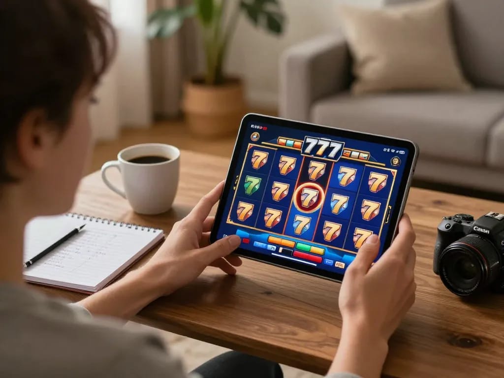 Player engaging with slot777 game on tablet in cozy home setting, showcasing responsible gaming.