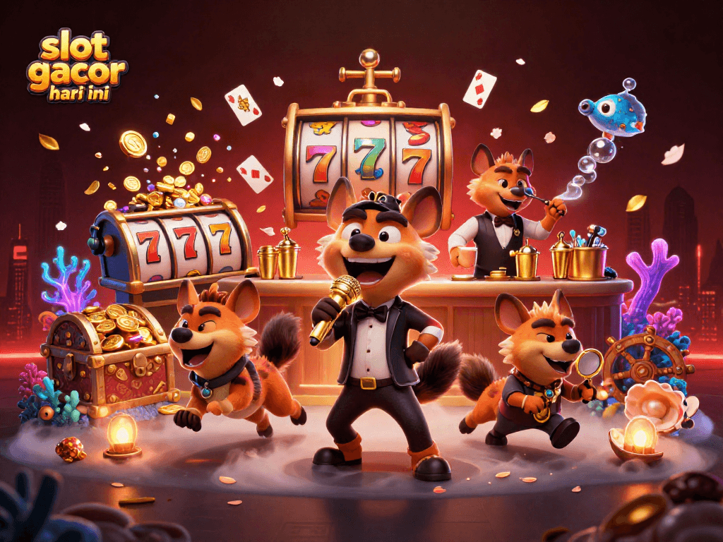 Engage with the vibrant scene of a comedy casino club featuring hyenas and the phrase slot gacor hari ini.