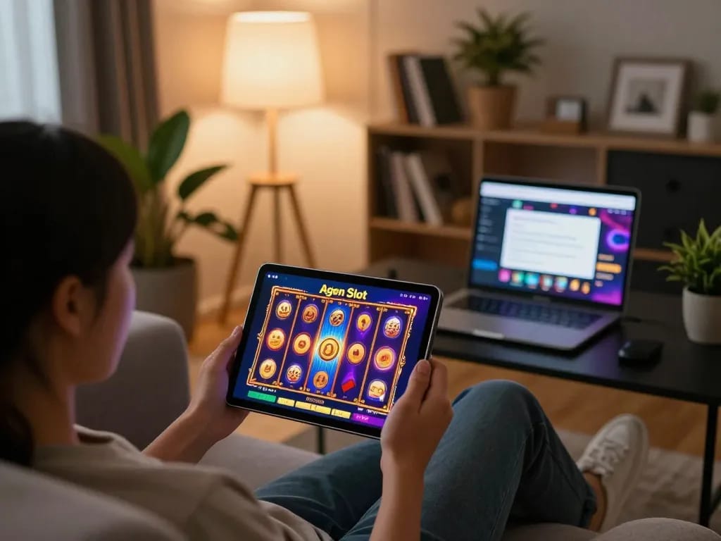 A person engaging with Agen Slot online gaming on a tablet in a cozy home setting.