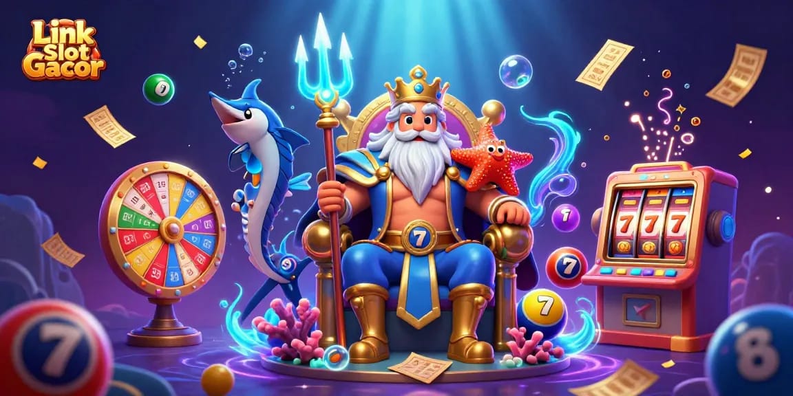 Engage with Link Slot Gacor through vibrant slot reels and cheerful characters in an exciting casino setting.