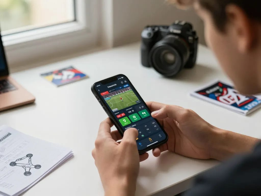 LGO GOAL call to action as user places sports bet on smartphone in a stylish home setting