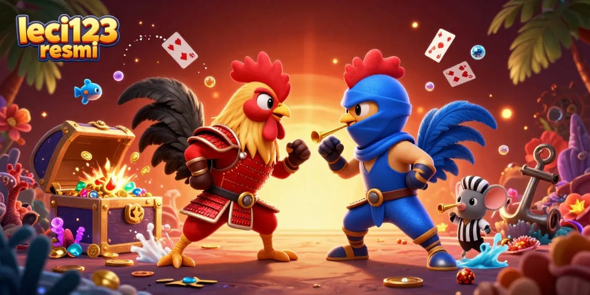 Rasakan intensitas pertarungan ayam 3D dengan leci123 resmi dalam gambar yang penuh warna dan detail.