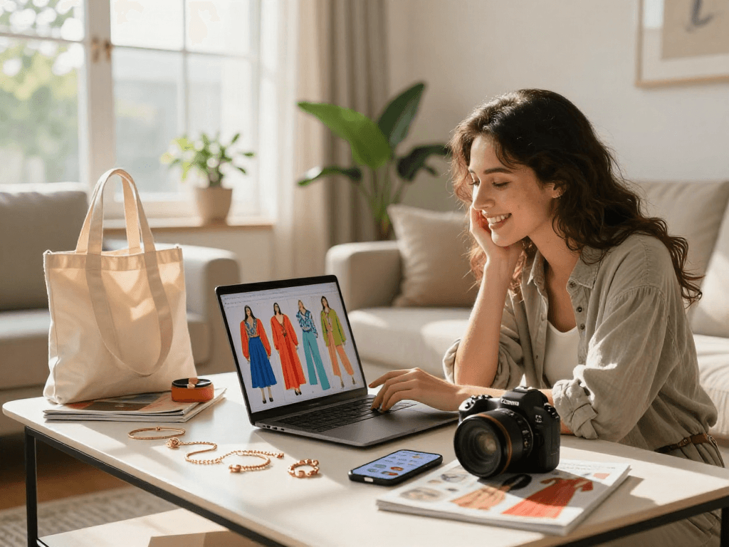 Woman enjoying online shopping experience with link alternatif bro138 on laptop in stylish living room.