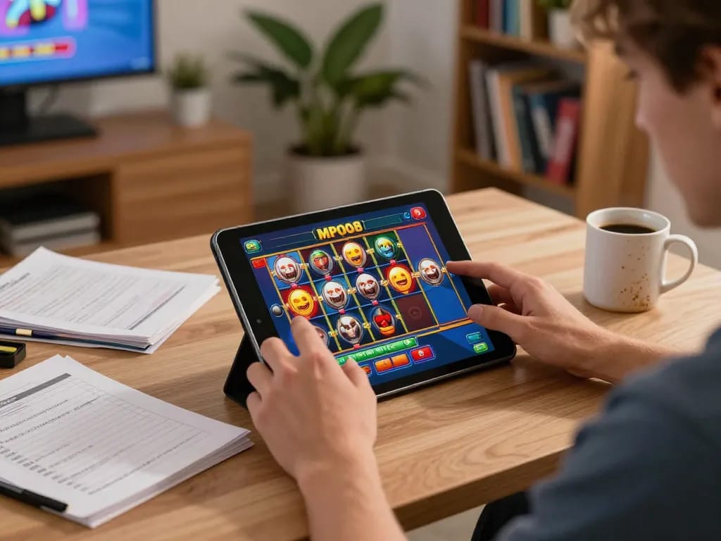 MPO08 SLOT gameplay on tablet in cozy home setting with strategic notes visible.