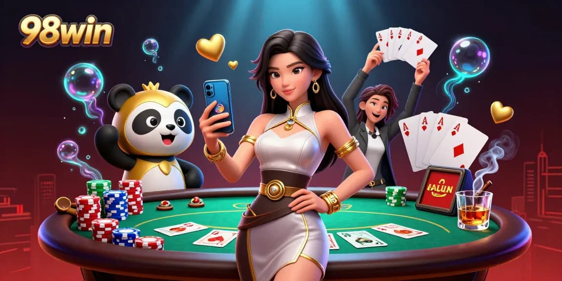 Engage with 98win's thrilling casino games, featuring an Asian woman and a golden panda mascot, showcasing excitement.