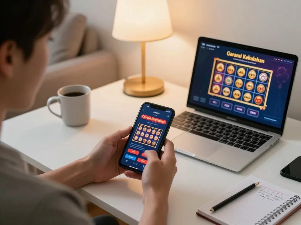 Online gaming experience with Garansi Kekalahan feature, showcasing smartphone app and cozy atmosphere.