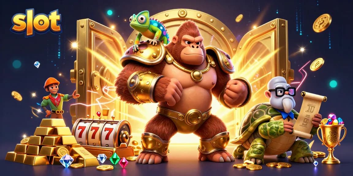 Experience thrilling slot action with a powerful gorilla king, chameleon companion, and tortoise elder in a colorful 3D casino scene.