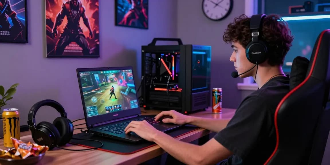 Pengguna sulap338 menikmati permainan online dengan laptop gaming, headset, dan pencahayaan atmosferik yang menarik.