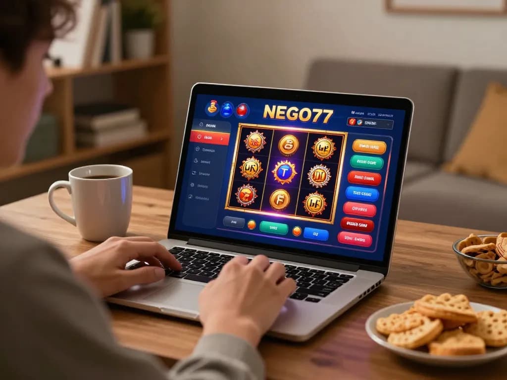 Engaging in NEGO77 online gaming with a laptop displaying exciting casino games and warm ambiance.