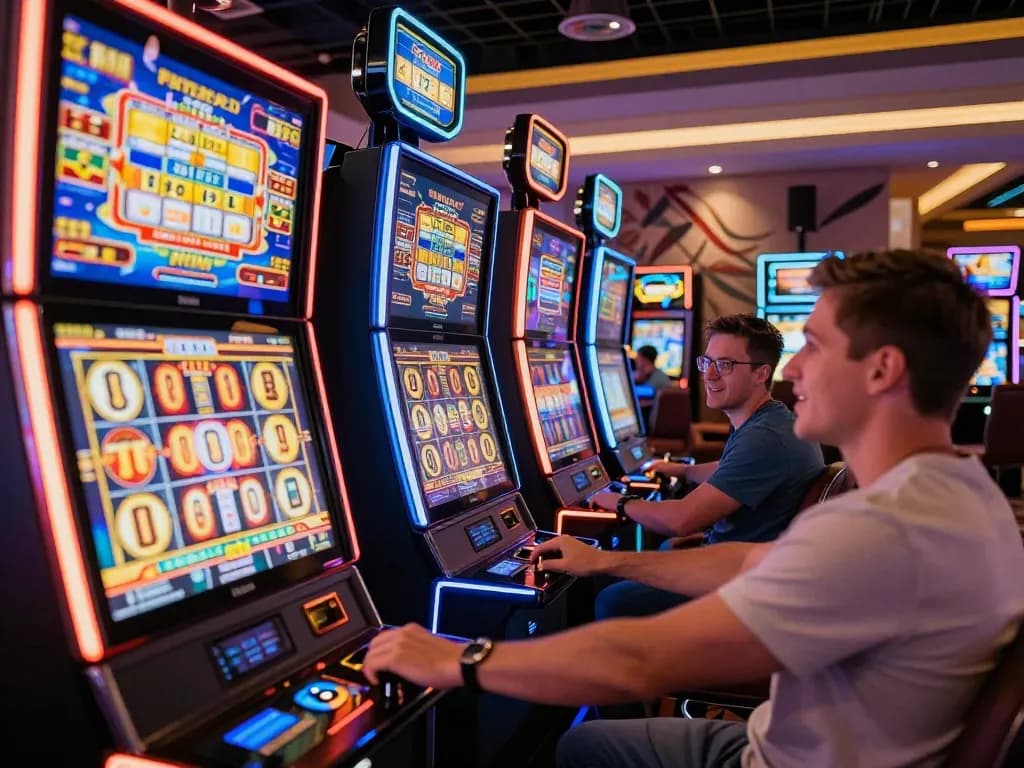 Players engaging with vibrant kerajaanslot machines in a modern casino atmosphere