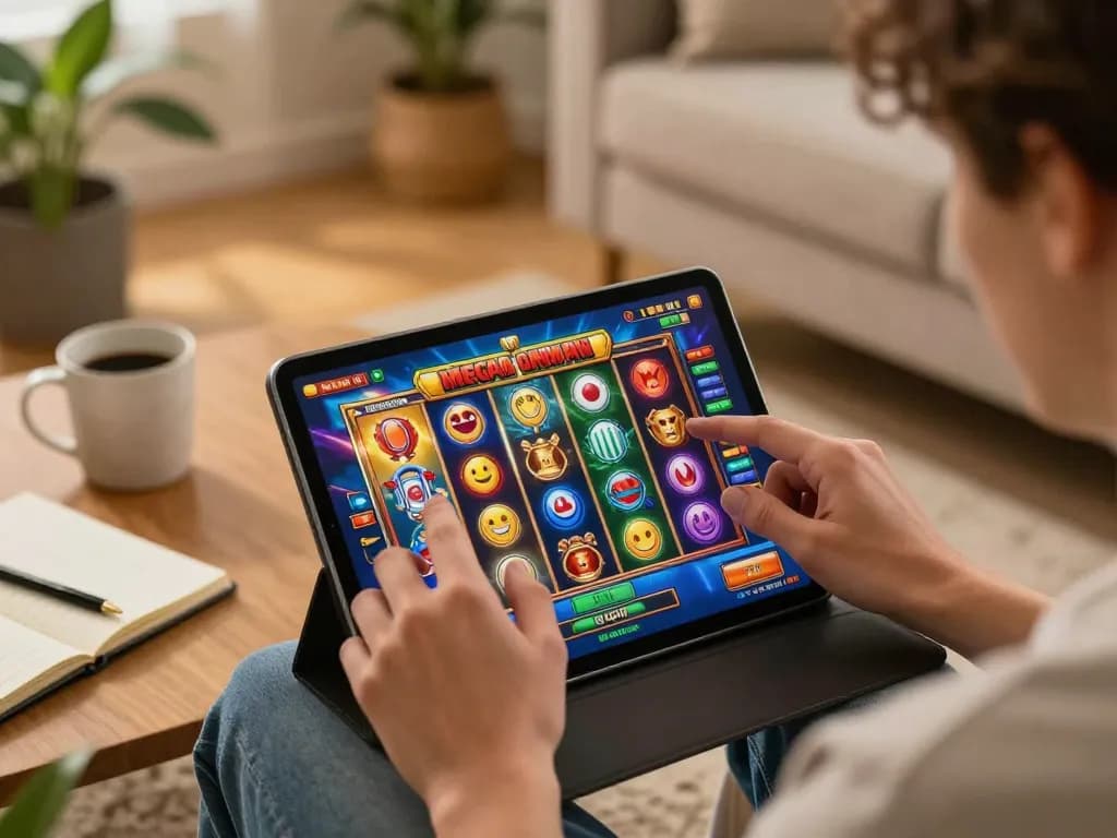 Memainkan permainan mega slot di tablet di ruang tamu yang nyaman, menunjukkan semangat permainan online.