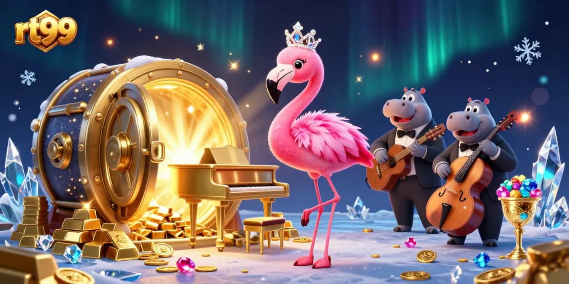 Experience the vibrant energy of rt99 gaming with a lively casino scene featuring quirky characters and dazzling treasures.