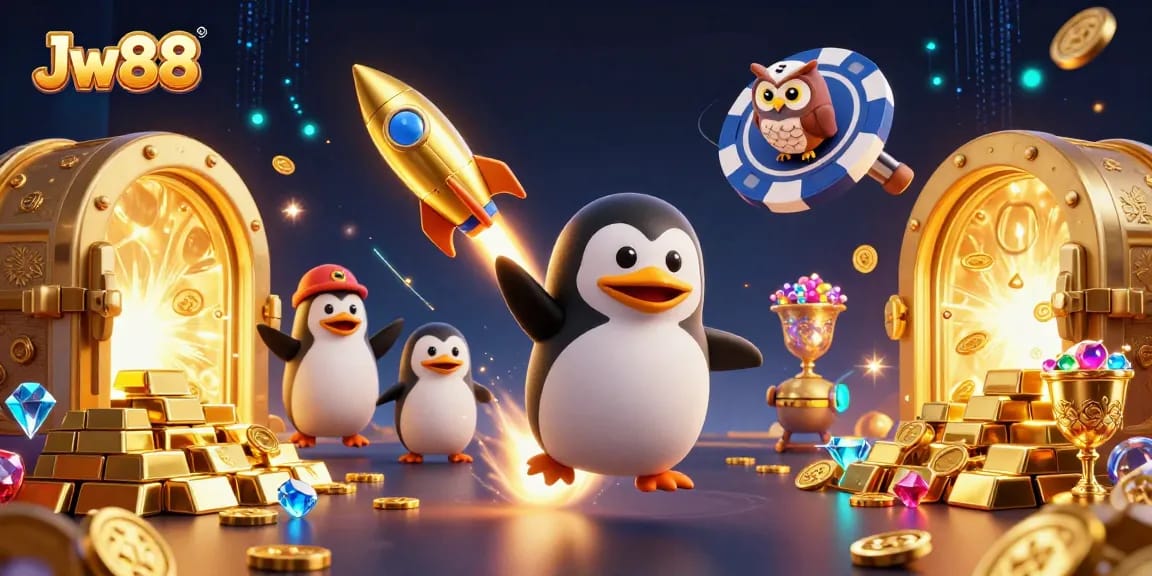 Experience thrilling adventures with Jw88 as the golden penguin blasts through space towards a massive poker chip casino.