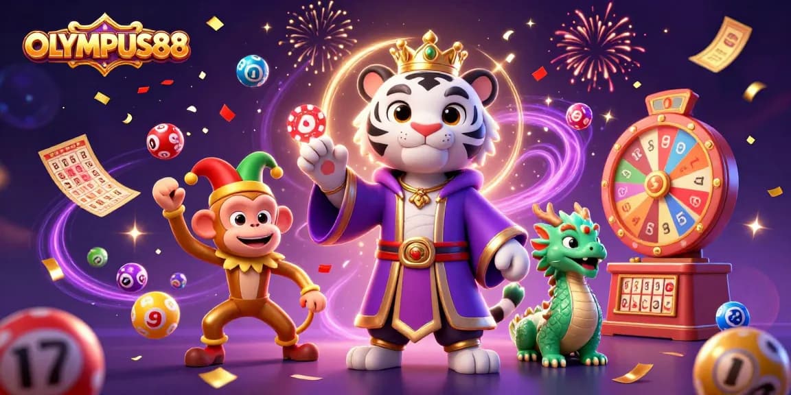 OLYMPUS88 mengangkat kemenangan dalam ilustrasi 3D kasino dengan macan dan jester.