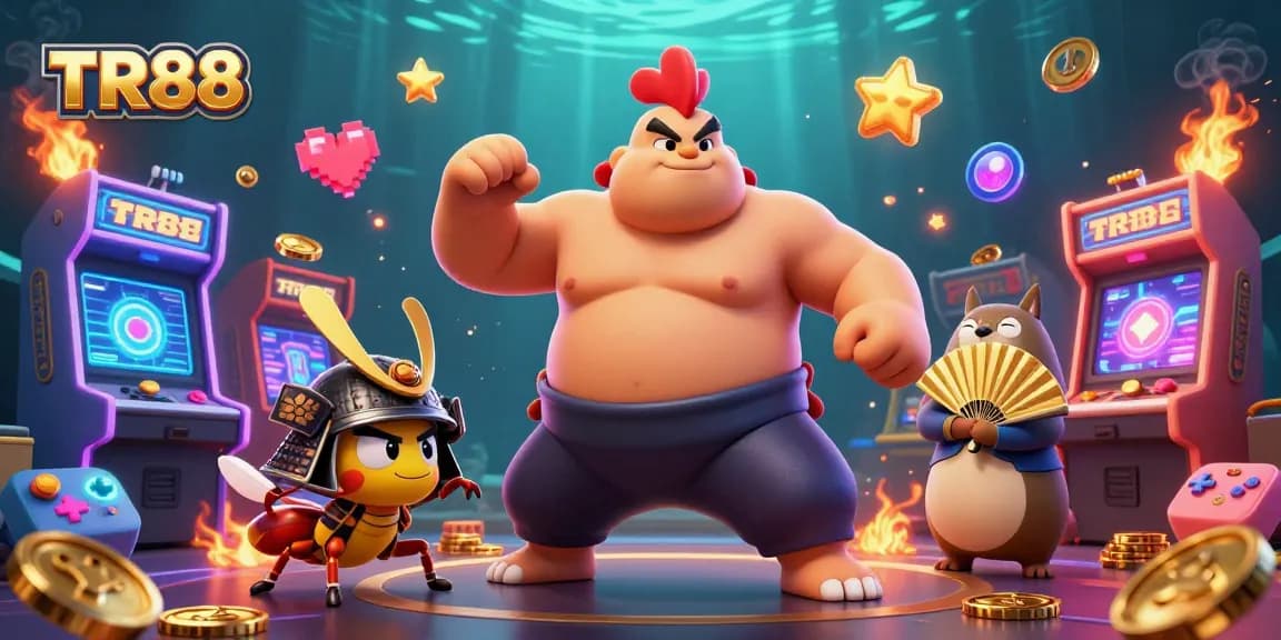 Experience TR88 action with a powerful sumo rooster and fearless samurai cricket amidst vibrant casino elements.