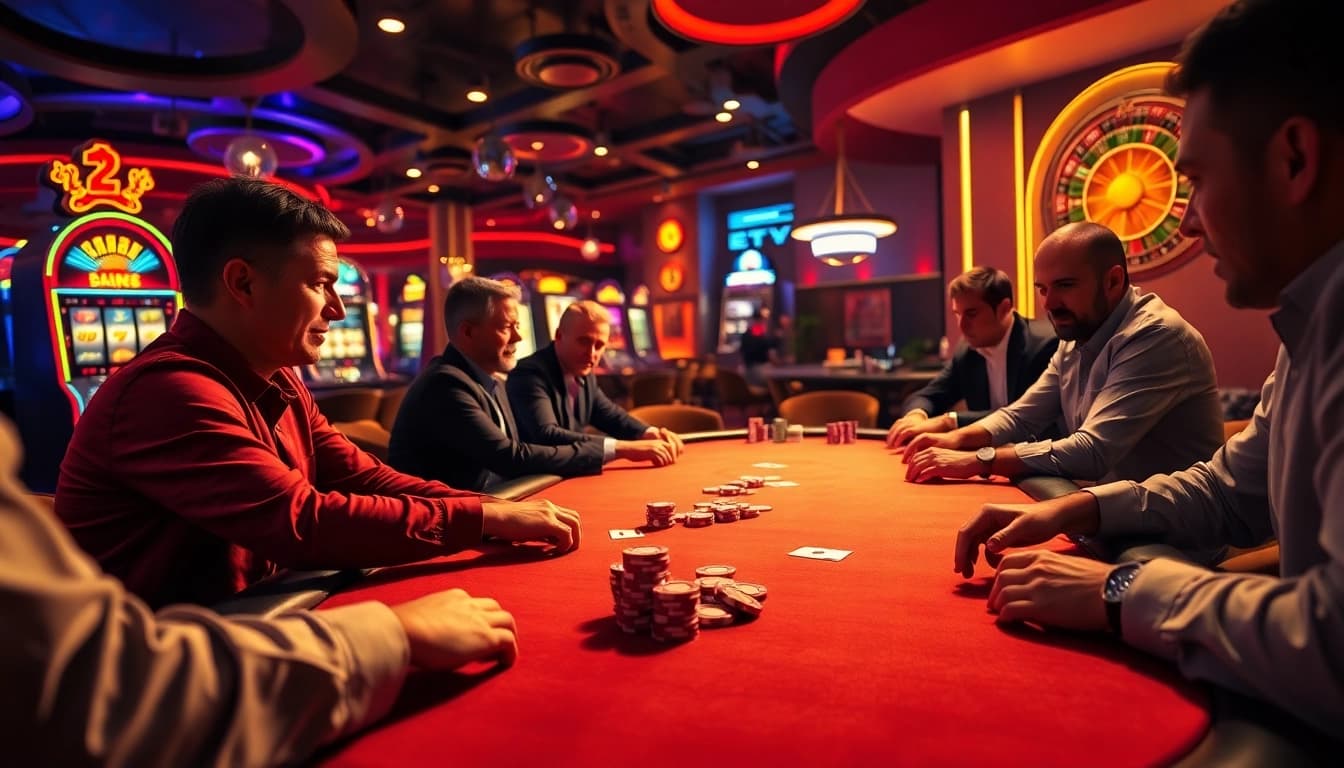 Permainan poker seru di tunai 138 dengan pencahayaan hangat dan suasana kasino.