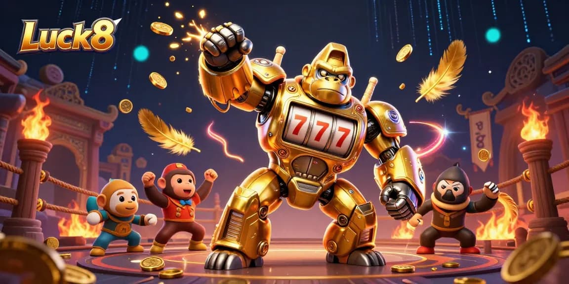 Play exciting games at Luck8 with a vibrant 3D illustration showcasing thrilling casino elements.