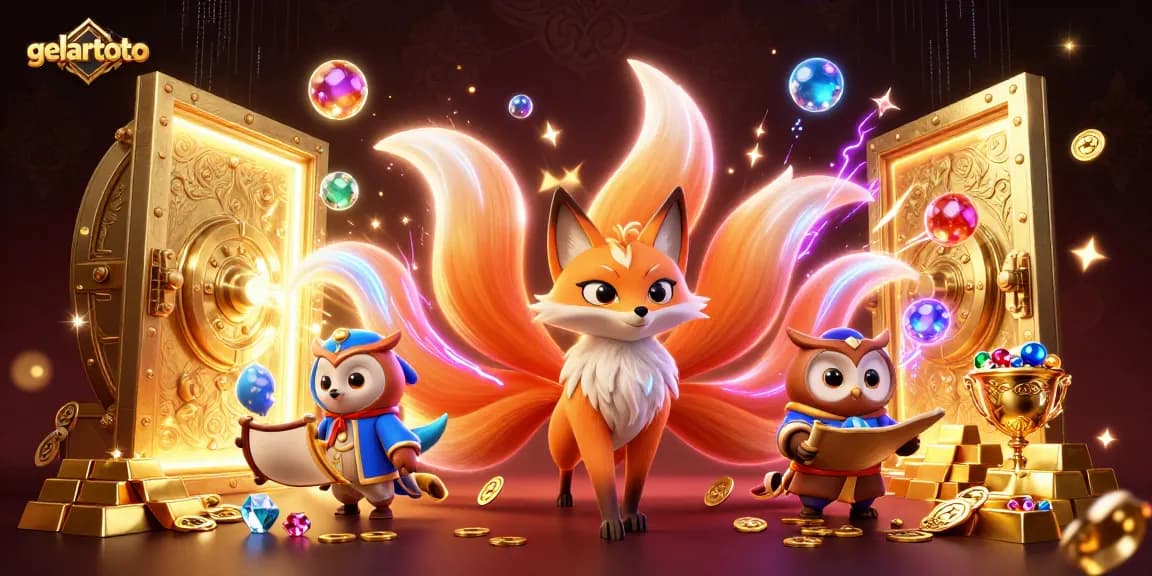 Engage with gelartoto's vibrant casino adventure featuring a mystical fox and wise owl amidst treasure.