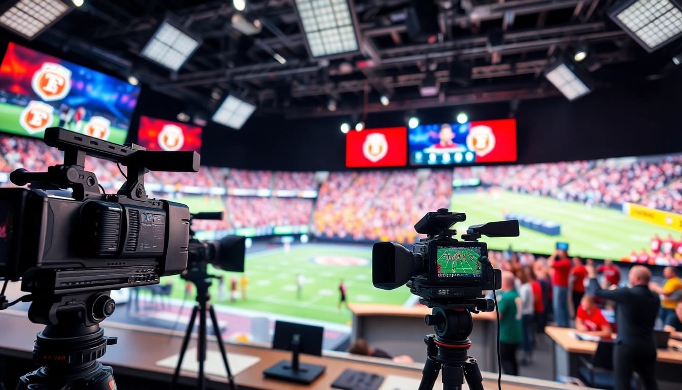 Engaging scene of sports broadcasting studio showcasing vibrant displays and dynamic atmosphere.