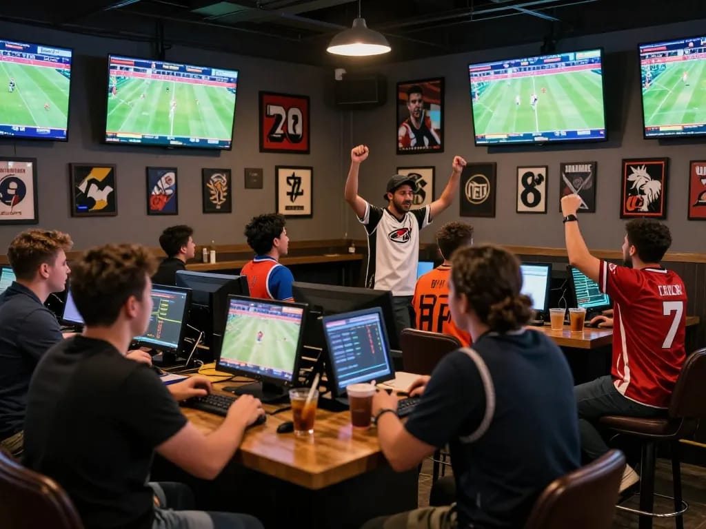 Fans engaging in live sports betting atmosphere, keo nha cai action with multiple screens, vibrant energy.