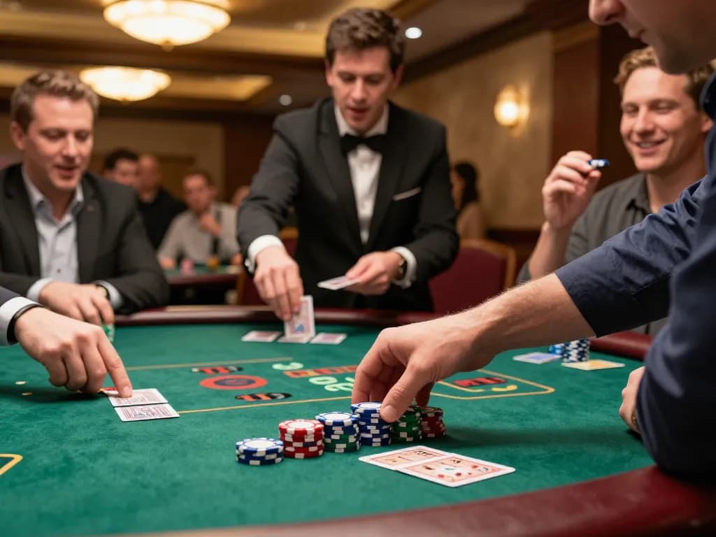Pemain LGO99 memasang taruhan di meja blackjack di kasino yang ramai.