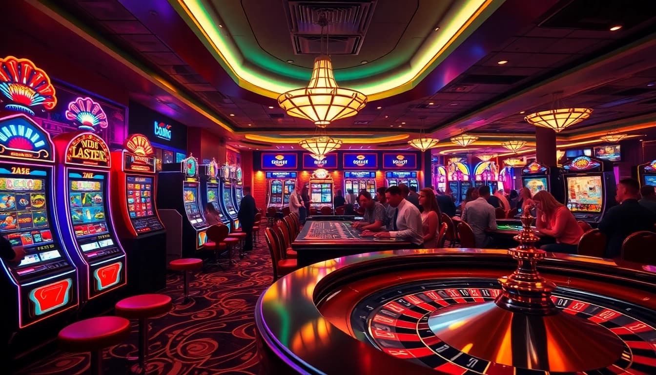Permainan emasputihtoto yang menarik dengan mesin slot berwarna-warni dan meja roulette.