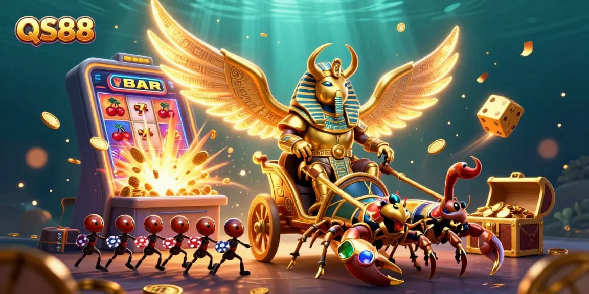 Engage with the QS88 online casino experience featuring an epic golden scarab and dynamic slot machine.