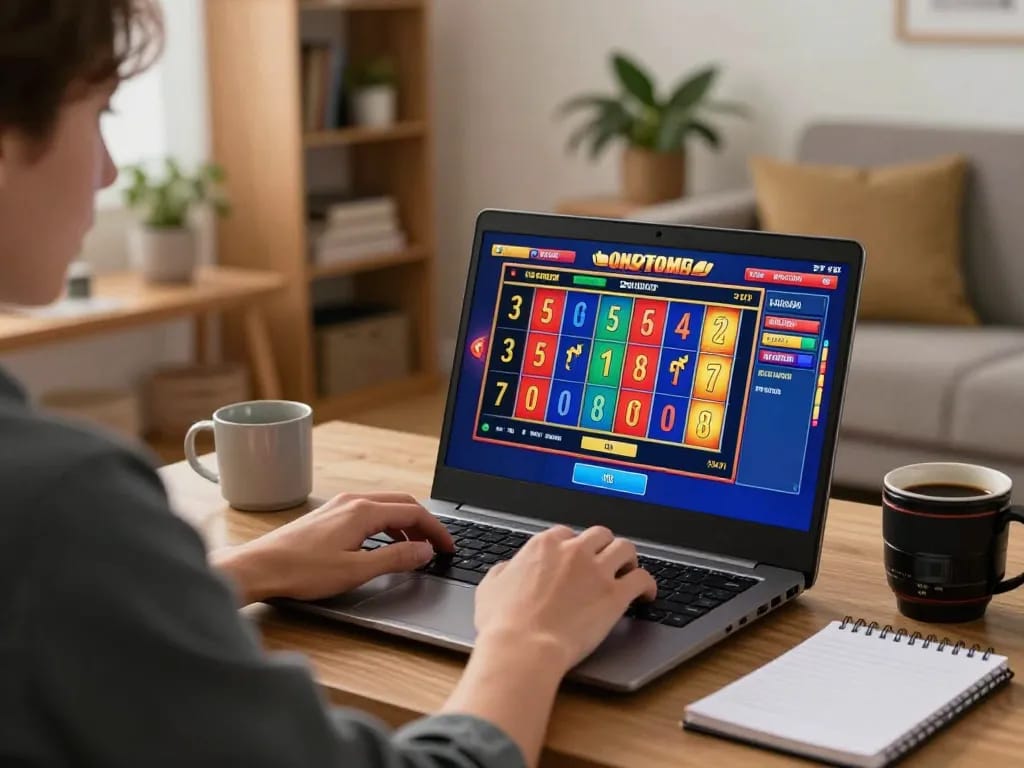 Engaging in online slot gaming while planning strategies in a cozy home environment.