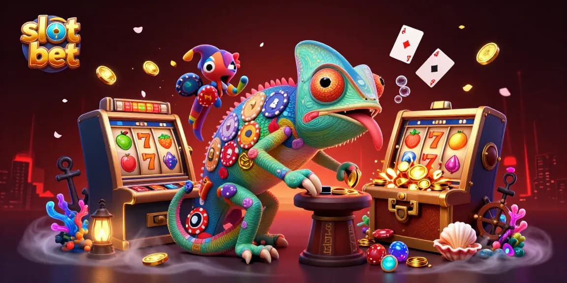 Slot bet dengan simbol buah yang berwarna-warni dan karakter chameleon kasino yang mencolok.
