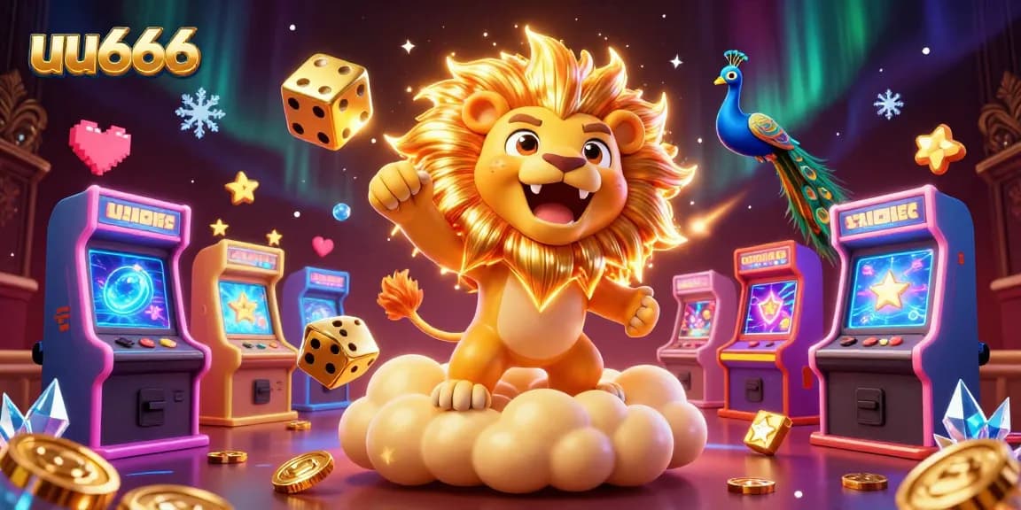 Win big with uu666 by betting in a vibrant 3D casino illustration with golden dice and cheering lion.