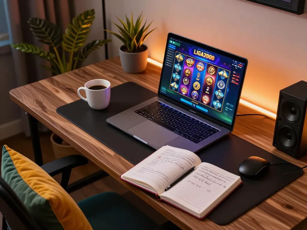 LIGA2000 online slot game setup with strategic notes and vibrant decor