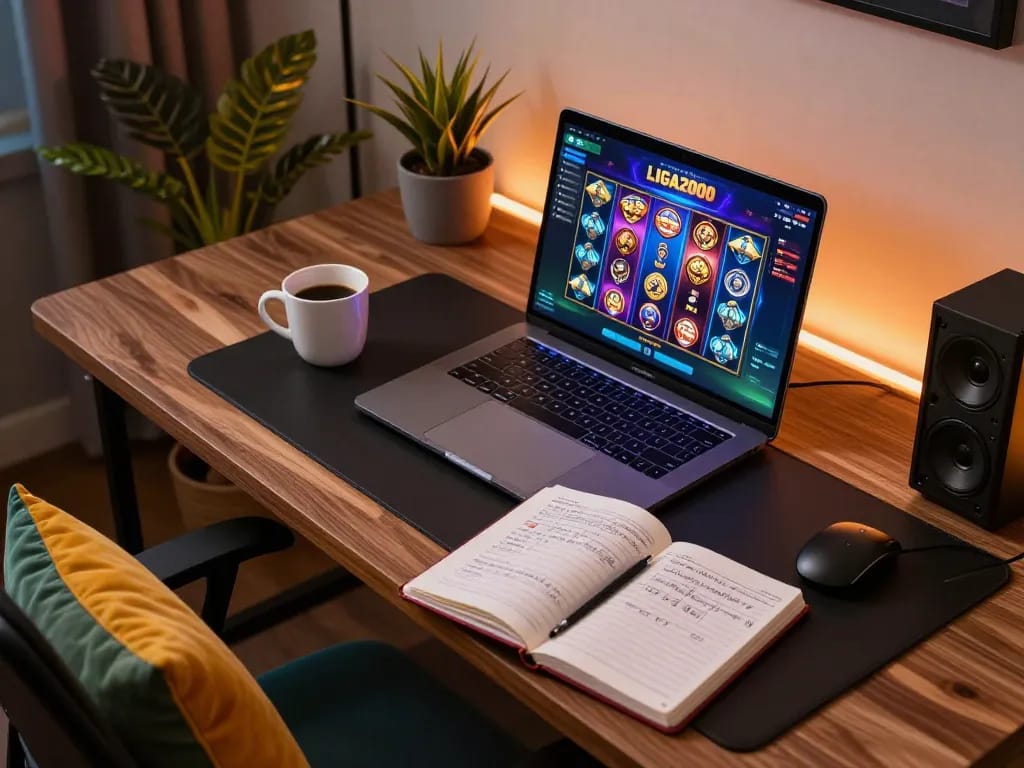 LIGA2000 online slot game setup with strategic notes and vibrant decor