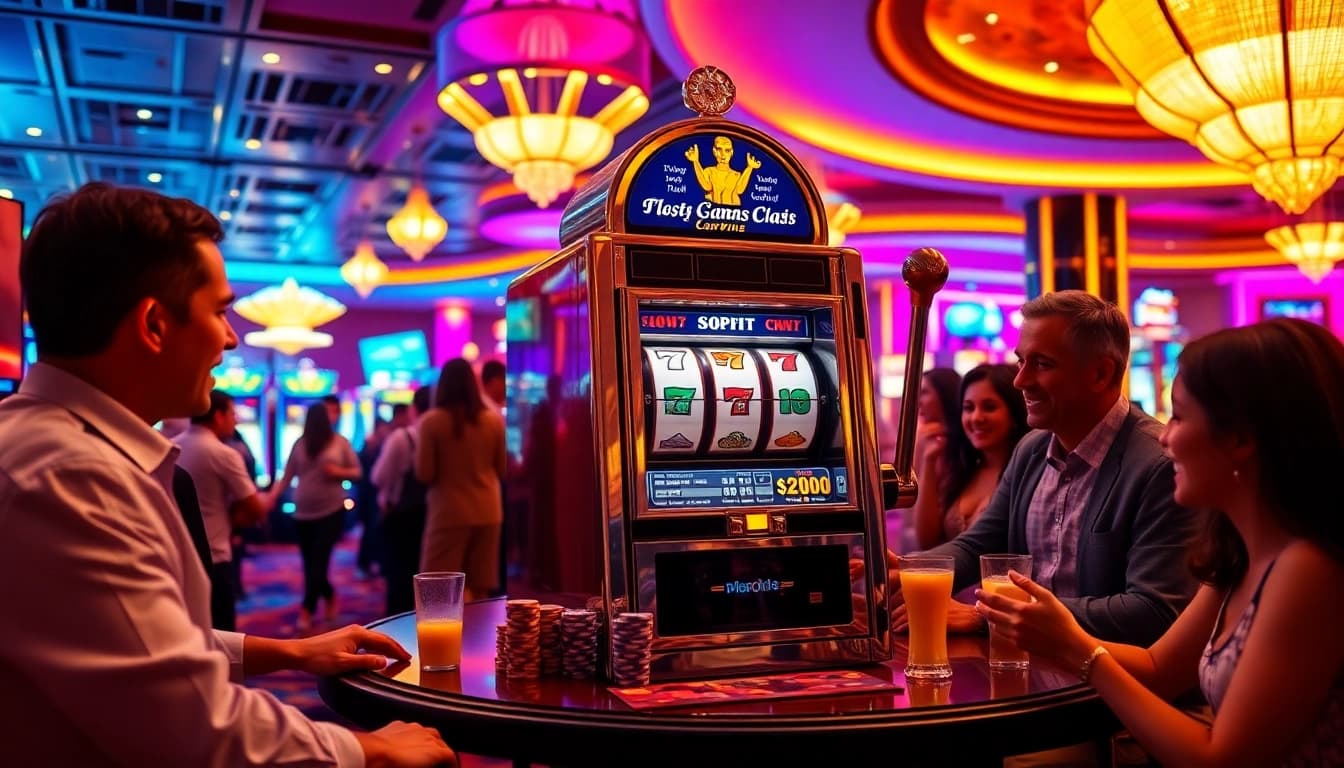 Memainkan slot klasik di kasino dengan suasana meriah dan warna berkilau.