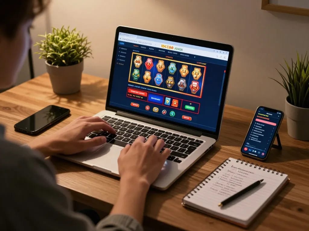 Engaging online gaming experience with IDC88 JOKER interface showcasing vibrant slots and strategic notes.