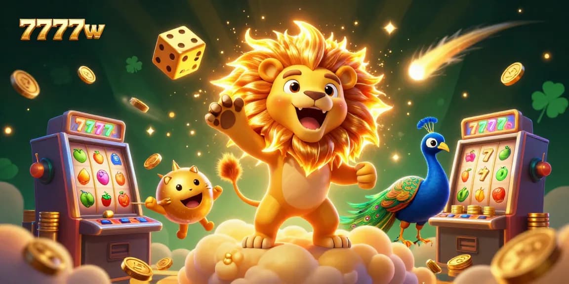 Experience thrilling wins at 7777w with vibrant slot games, golden trophies, and dynamic illustrations.