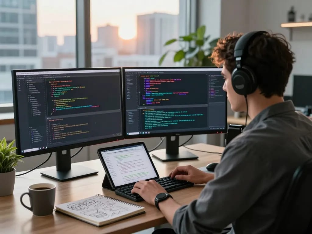 Young software developer using Crush AI in a modern coding workspace with dual monitors and a city skyline.