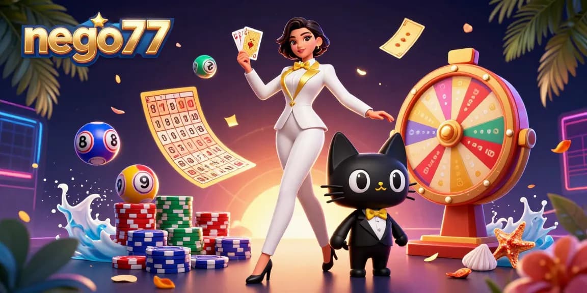 Engage with nego77's vibrant gameplay featuring a glamorous woman in a tuxedo alongside a playful cat.
