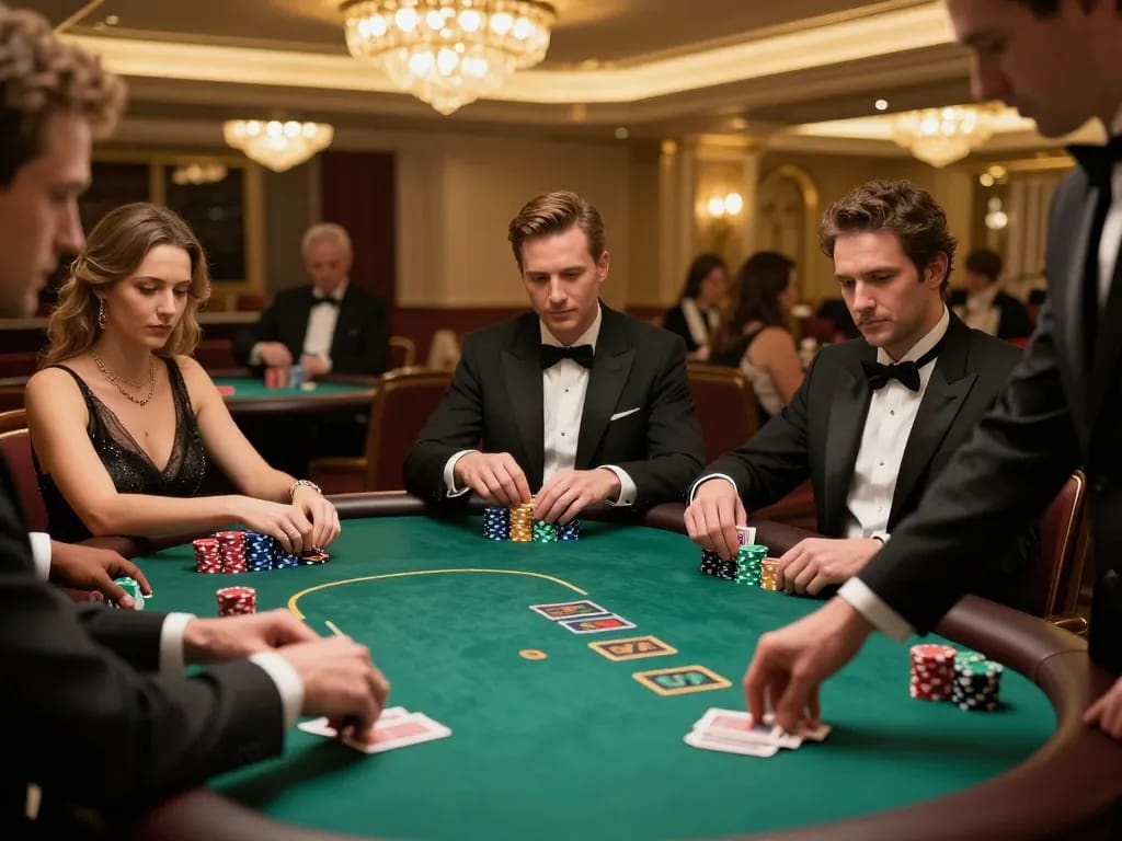 VA88 high-stakes poker players analyzing hands at an upscale casino table.