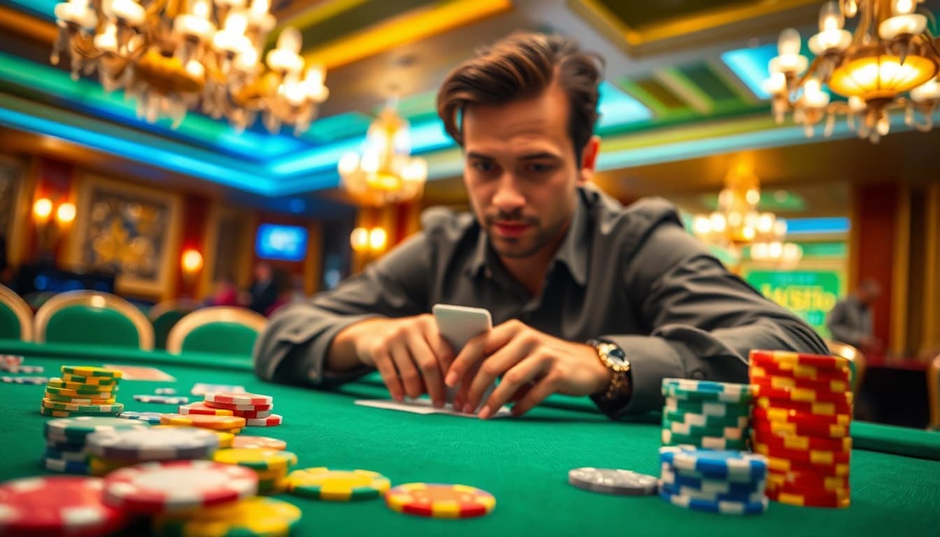 Kutu4d Gamer yang bersemangat bermain di meja kasino, dikelilingi chip berwarna-warni.